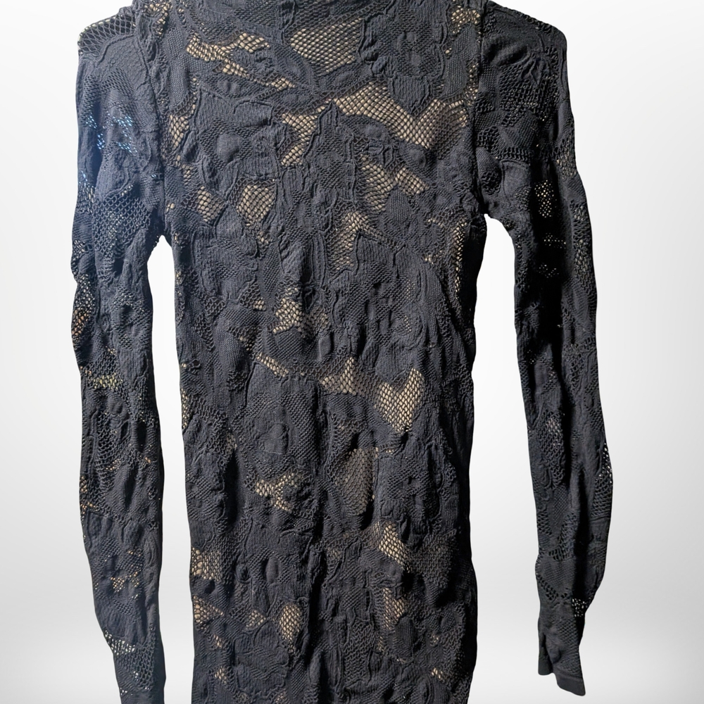 bebe Black Lace Long-Sleeve Sheer Top Dress